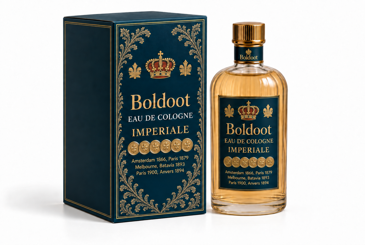 Boldoot Eau de Cologne Impériale bottle beside its blue and gold presentation box