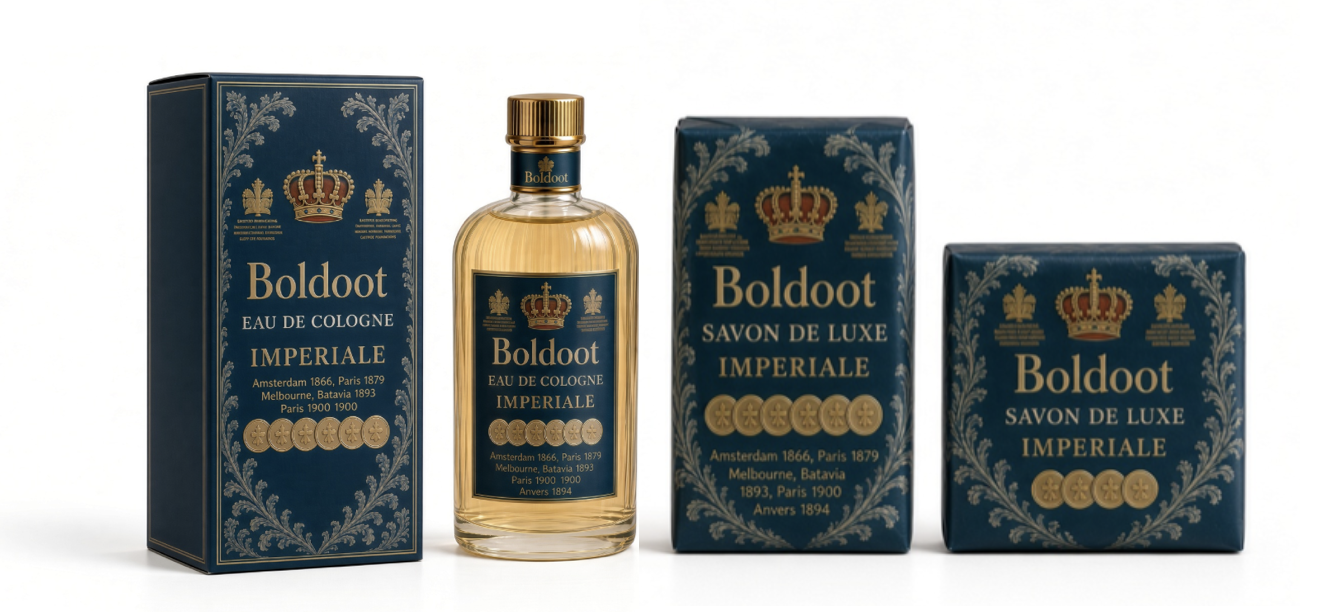 Two Savon de Luxe Impériale soap cartons in blue and gold