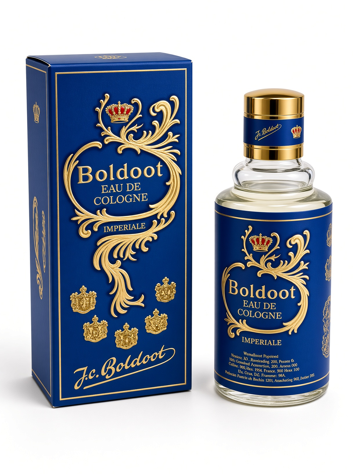 Boldoot Eau de Cologne Impériale flacon with its blue-and-gold carton