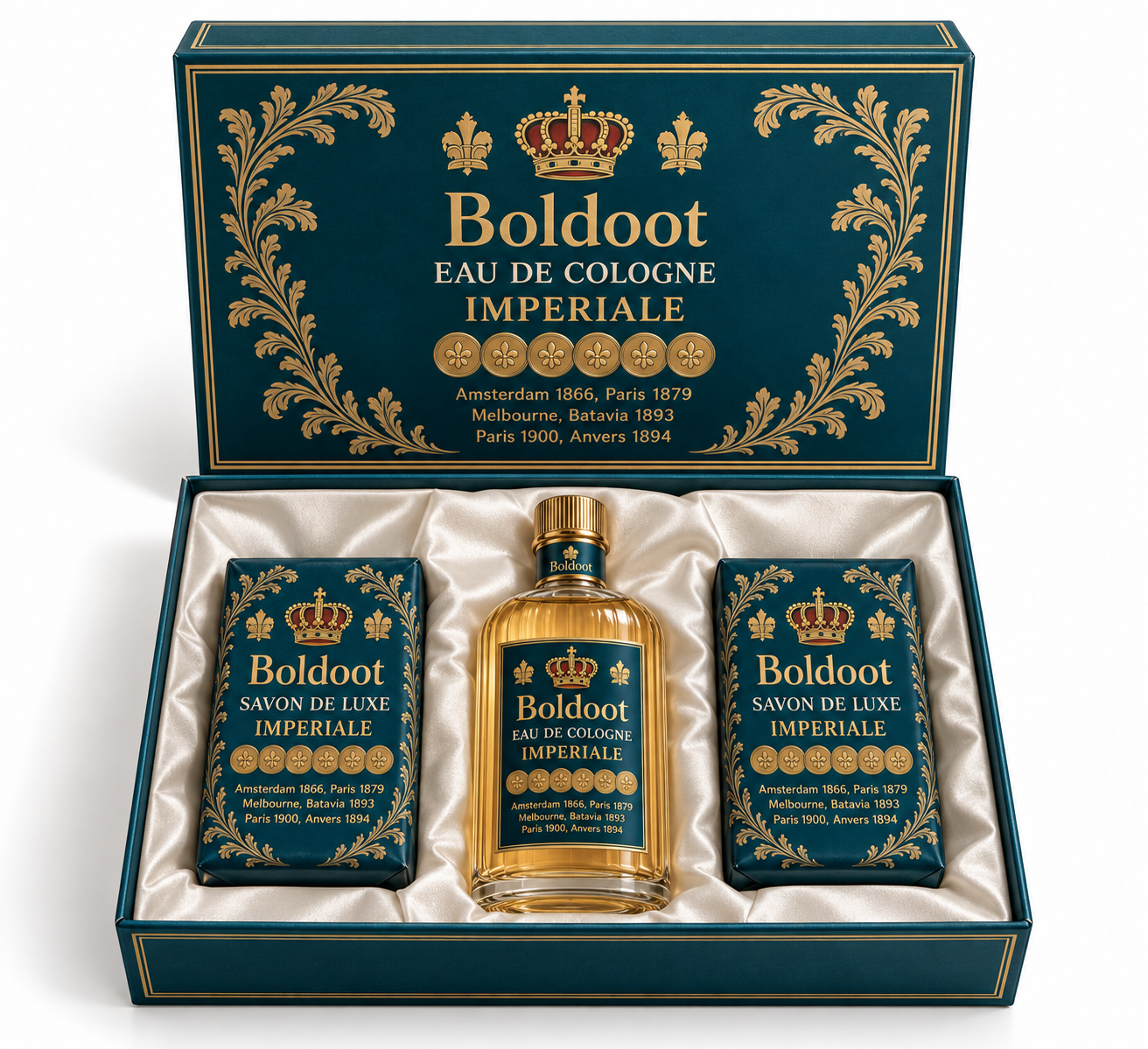 Open Grand Gift Set Impériale with a cologne flacon between two Savon de Luxe cartons